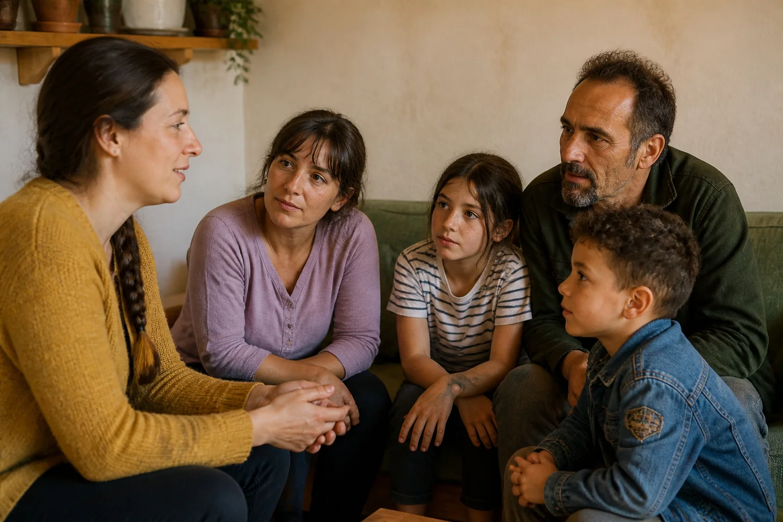 Psikolog bir anne, baba ve iki çocukla birlikte çember şeklinde oturmuş konuşuyor
