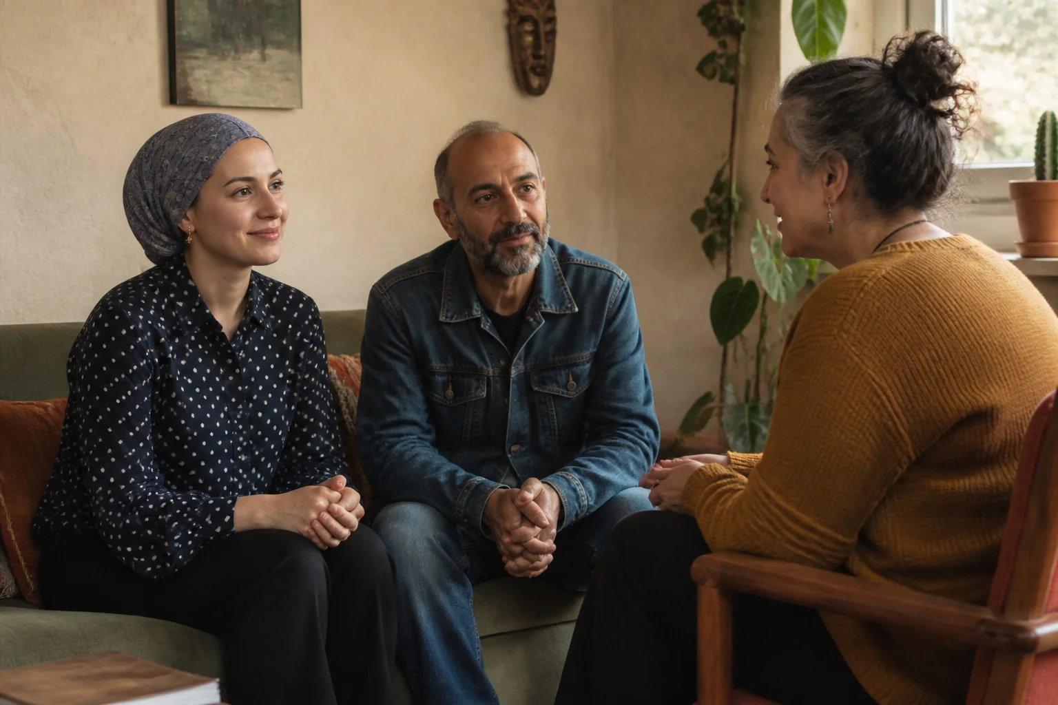 Bir çift kanepede birbirine dönük oturmuş, karşılarında psikolog onları dinliyor