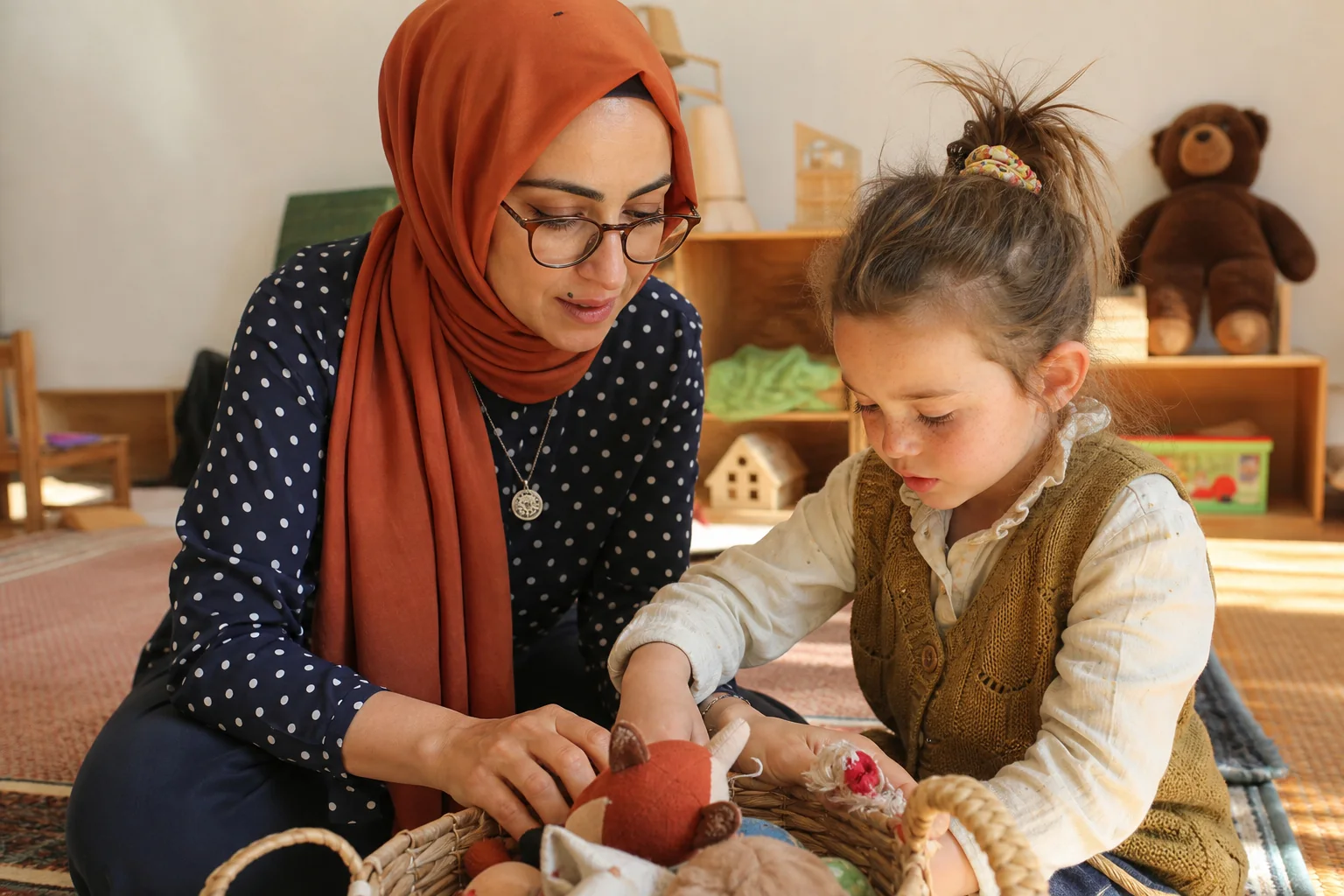 İstanbul'da bir çocuk psikoloğu oyun odasında küçük bir kızla birlikte oyuncaklarla oynuyor